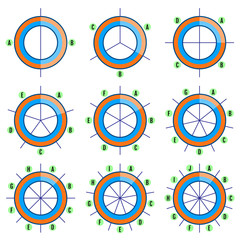 Set of pie charts with selected fraction, coordinate lines and labels. Templates sectoral graphics in flat style. Colorful infographics elements. Vector