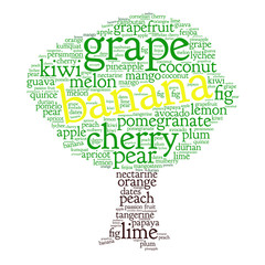 Banana. Word cloud in shape of tree, white background. Fruit.