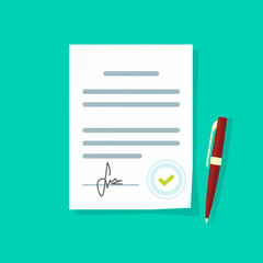 Agreement document vector icon, flat style legal paper sheet contract page with signature and approved stamp