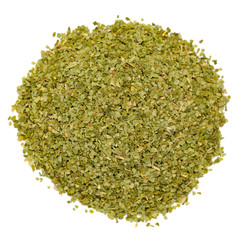 Air dried and cut organic Moringa (Moringa oleifera) isolated on white background for Infused Tea. Macro closeup. Top view.