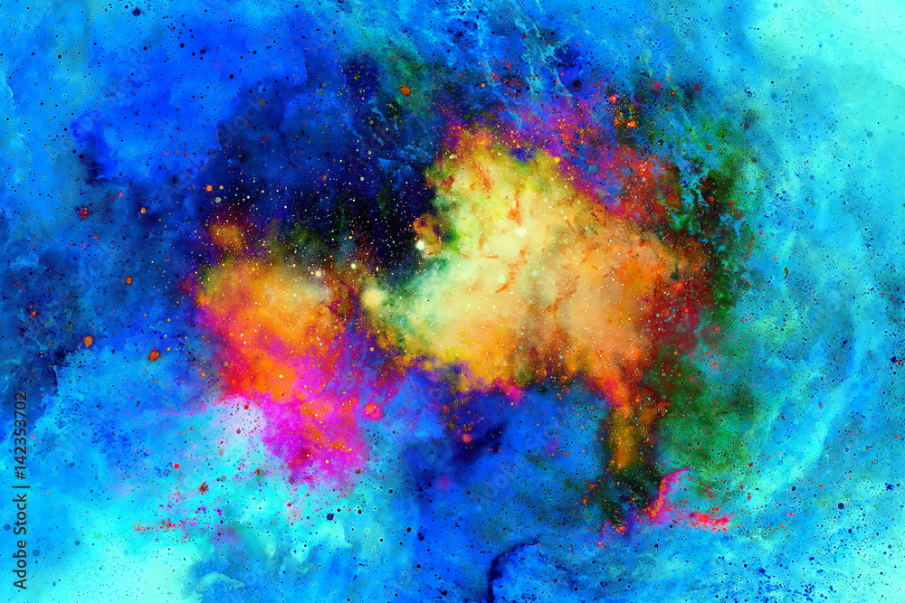 Poster cosmic space and stars, color cosmic abstract background. fire effect in space.