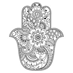 Vector hamsa hand drawn symbol. Decorative pattern in oriental style for the interior decoration and drawings with henna. The ancient symbol of the 