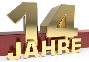 Golden digit fourteen and the word of the year. Translated from the German - years.3D illustration