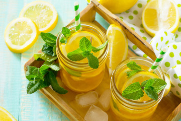 Iced tea with lemon and mint. Refreshing cold summer drink.
