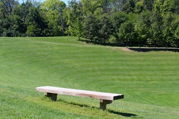 The wooded park bench on top of the hill.