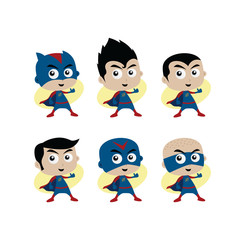 Adorable and amazing cartoon superhero in classic pose set