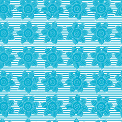 seamless pattern with blue flowers on striped background