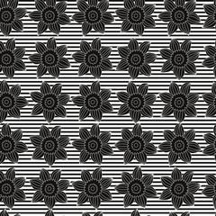 seamless pattern with black flowers on striped background