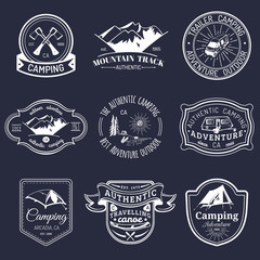 Vector set of vintage camping logos. Tourism emblems or badges. Retro signs collection of outdoor adventures.
