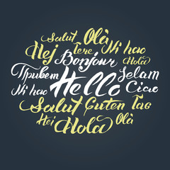 Vector hand lettering text Hello written on different languages. Brushed calligraphy international welcome inscription. © vladayoung