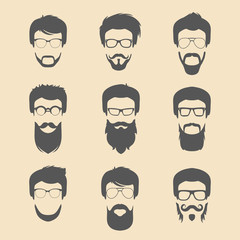 Vector set of different men hipster haircuts, beard, mustache icons in trendy flat style. Man faces collection.
