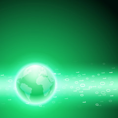 Stream of binary code to the globe. Green background.