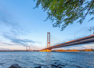The South bridge at day across the Dnieper River, Kiev, Ukraine.