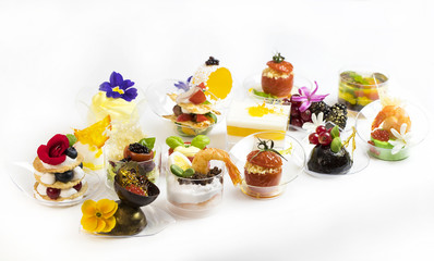 Mini canap with elements of molecular kitchen on white background 