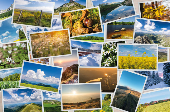 Collection of printed photos with nature and landscape themes