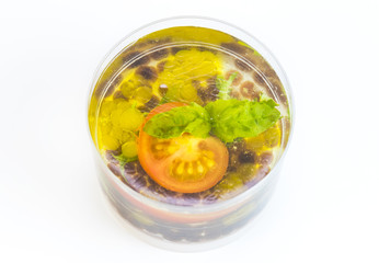 Mini canap with elements of molecular kitchen on white background 