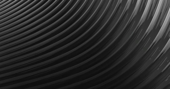 Abstract 4K background seamless loop of steel curves and texture with reflection of animated light and environment. 3D model of metal,  metallic technologies and industrial metal, reflecting light.