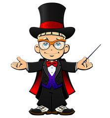 A young illusionist in a hat, a tuxedo and a mantle.