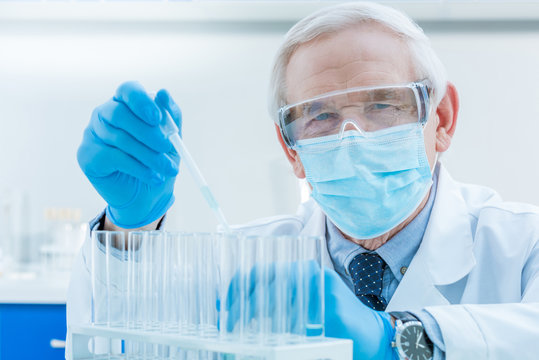 senior chemist with pipette and test tubes in laboratory