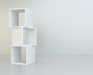 White box shelves. 3d rendering on background room wall and floor reflection.
