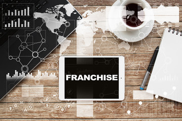 Tablet on desktop with franchise text.