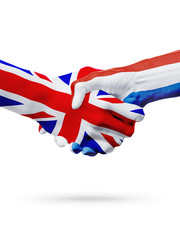 Fototapeta premium Flags United Kingdom, Netherlands countries, partnership friendship handshake concept.