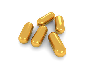 3D illustration with vitamins in gold capsules isolated on white background.