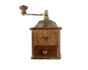 Very old antique coffee grinder with a bronze handle and box for ground coffee on a white background and from different sides