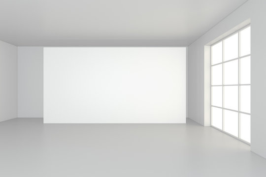 Horizontal blank billboard in white room. 3d rendering.