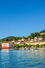 Fototapeta premium View of Motta square on Orta San Giulio from a touristic boat, Lake Orta, Piedmont, Italy