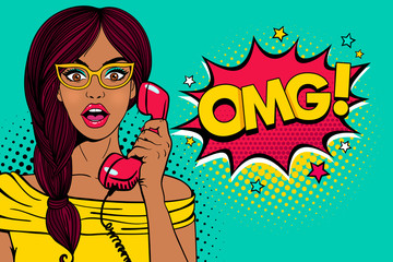 Wow pop art female face. Sexy surprised young woman in glasses with open mouth holding old phone handset and OMG! speech bubble. Vector bright background in pop art retro comic style. - obrazy, fototapety, plakaty