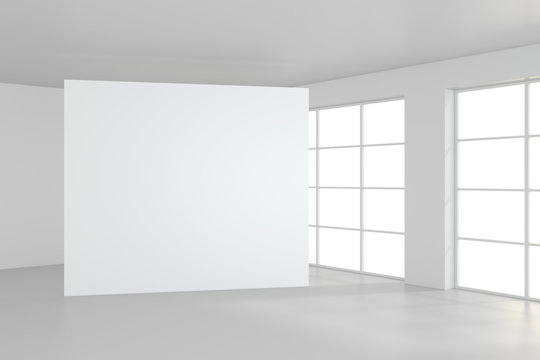 Horizontal blank billboard in white room. 3d rendering.