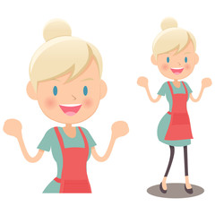 ガッツポーズをするエプロン姿の西洋人女性