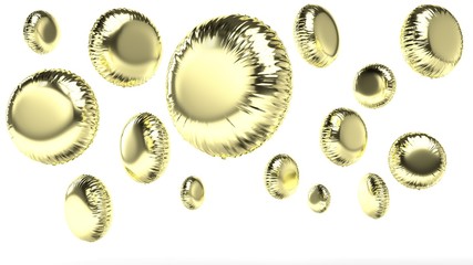 3d rendered gold round balloons on white background in random angles