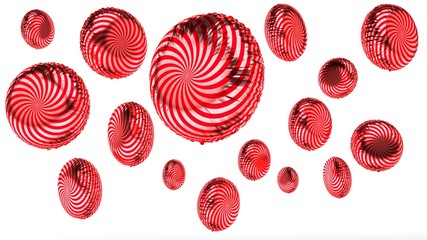 3d rendered red striped round balloons on white background in random angles