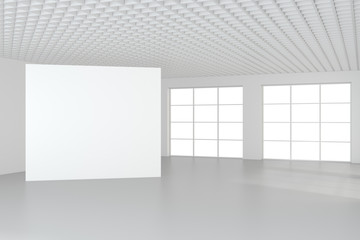 Empty blank billboard in white interior. 3d rendering.