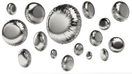 3d rendered siver foil round balloons on white background in random angles