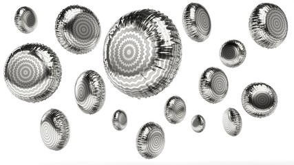 3d rendered siver foil striped round balloons on white background in random angles