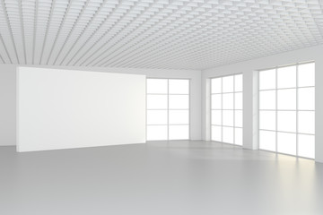 Horizontal blank billboard in white room. 3d rendering.