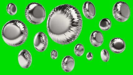 3d rendered siver round balloons on wgreen background in random angles