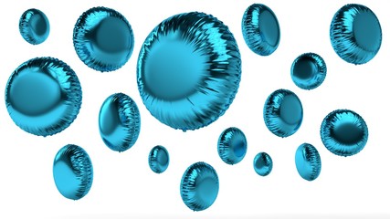 3d rendered foil blue round balloons on white background in random angles