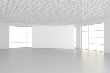 Naklejka na ściany i meble Empty white billboard in simple interior. 3d rendering.
