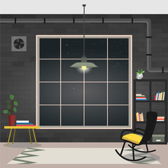 Vector illustration of a cozy living room office interior in loft space with brick wall. Modern workspace with table, lamp, big window, plants, armchair.