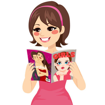 Beautiful brunette happy woman reading girls fashion magazine