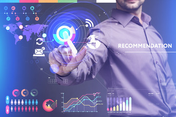 Business, Technology, Internet and network concept. Young businessman working on a virtual screen of the future and sees the inscription: Recommendation