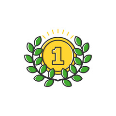 Vector business illustration of gold medal with leaves icon in flat line style.