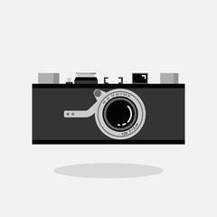 Retro camera black and silver. Flat vector illustration. Front view.