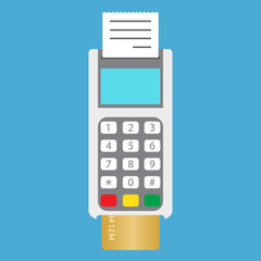 Pos terminal with credit card. Vector illustration. Shopping and service payment with plastic card. Pos with pin pad. - 142367102