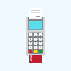 Pos terminal with credit card. Vector illustration. Shopping and service payment with plastic card. Pos with pin pad.