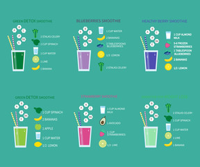 Healthy smoothie set with recipes.Vector illustration. - 142367164